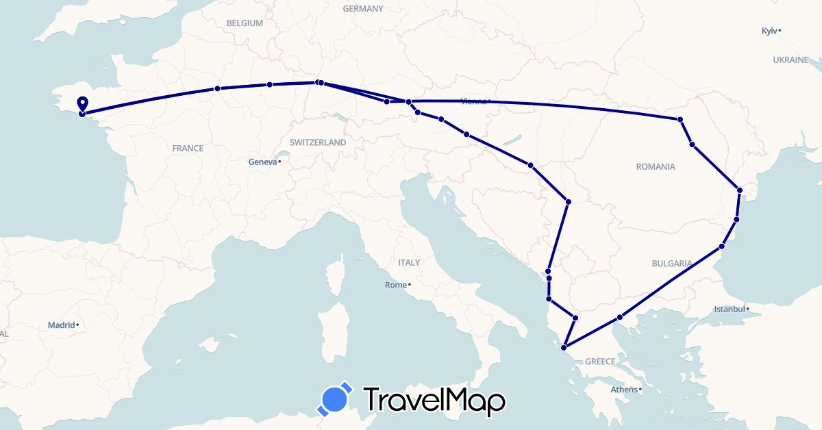 TravelMap itinerary: driving in Albania, Austria, Bulgaria, Germany, France, Greece, Hungary, Romania, Serbia (Europe)